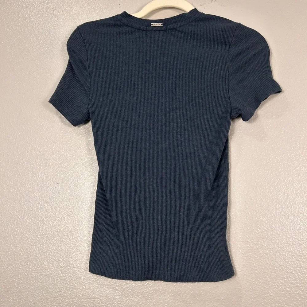 prAna‎ Womens Ribbed Short Sleeve Crew Neck Tee Navy Blue Slim Fit XS